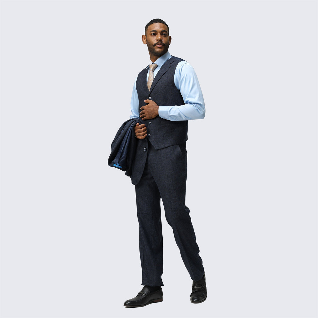 Navy Blue Tweed Suit Three Piece Set - Wedding - Prom