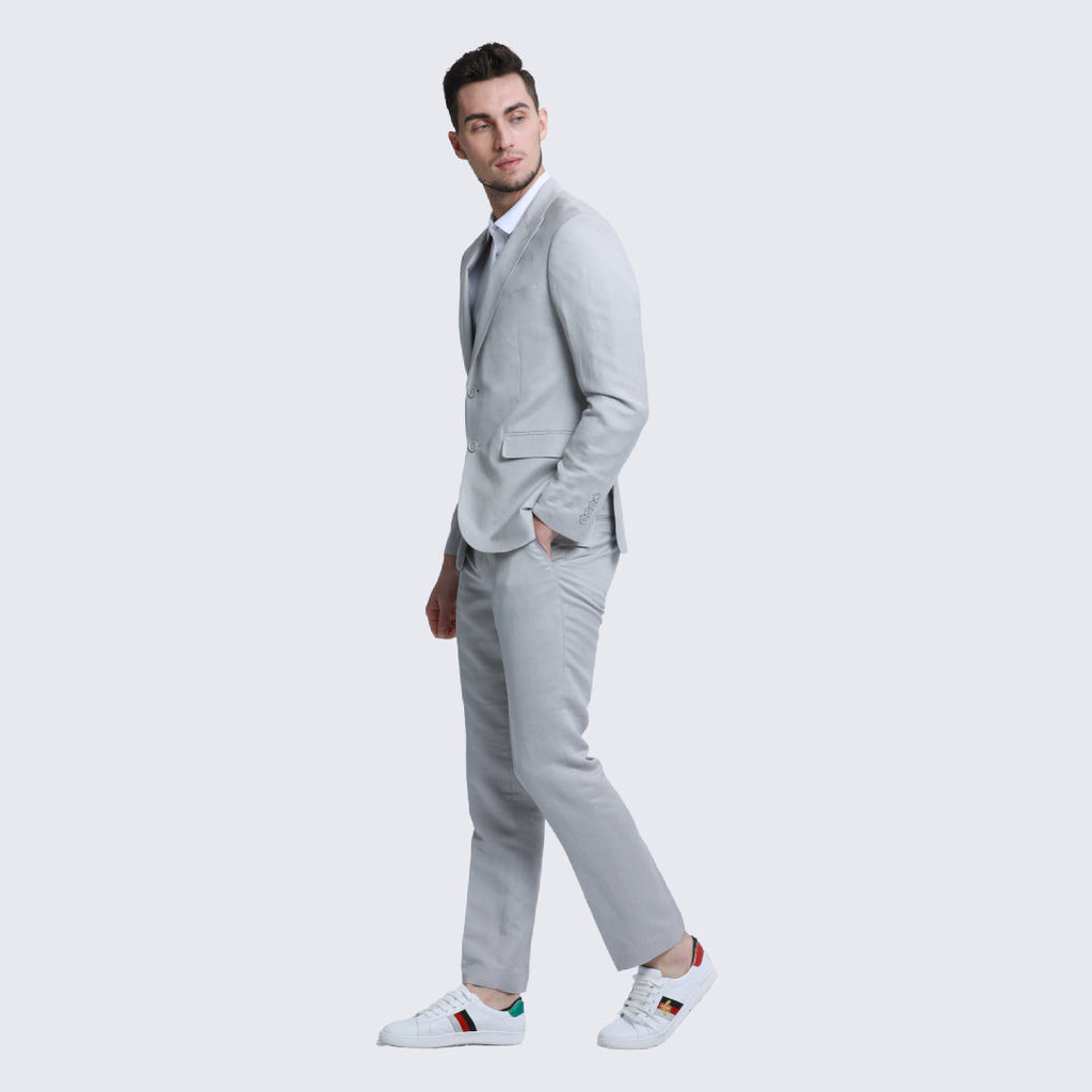 [DISCOUNTED] Light Grey Linen Suit Slim Fit Two Piece Set - Limited Sizes