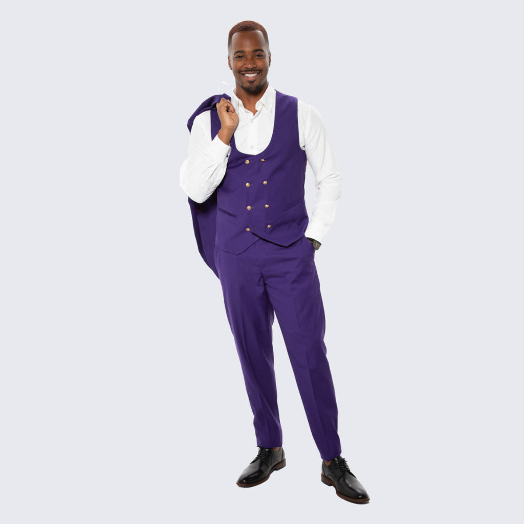 [DISCOUNTED] Purple Skinny Fit Suit Three Piece Set with Double Breasted Vest - Limited Sizes