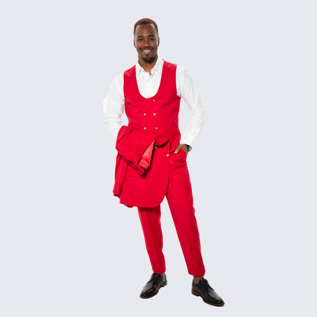 [DISCOUNTED] Red Skinny Fit Suit Three Piece Set with Double Breasted Vest - Limited Sizes