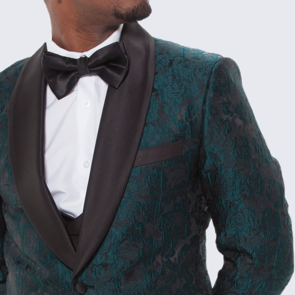 [DISCOUNTED] Hunter Green Tuxedo with Floral Design Four Piece Set - Limited Sizes