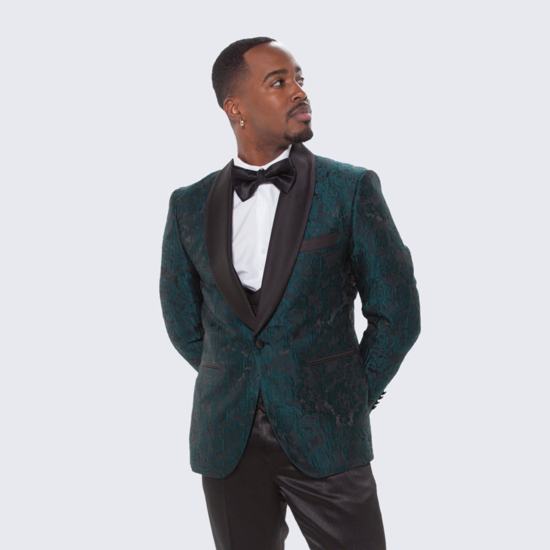 [DISCOUNTED] Hunter Green Tuxedo with Floral Design Four Piece Set - Limited Sizes
