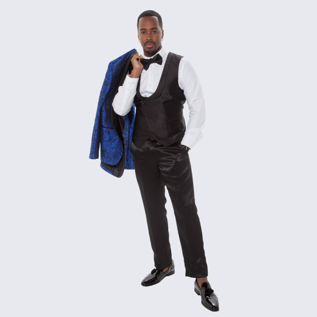 [DISCOUNTED] Royal Blue Tuxedo with Floral Design Four Piece Set - Limited Sizes