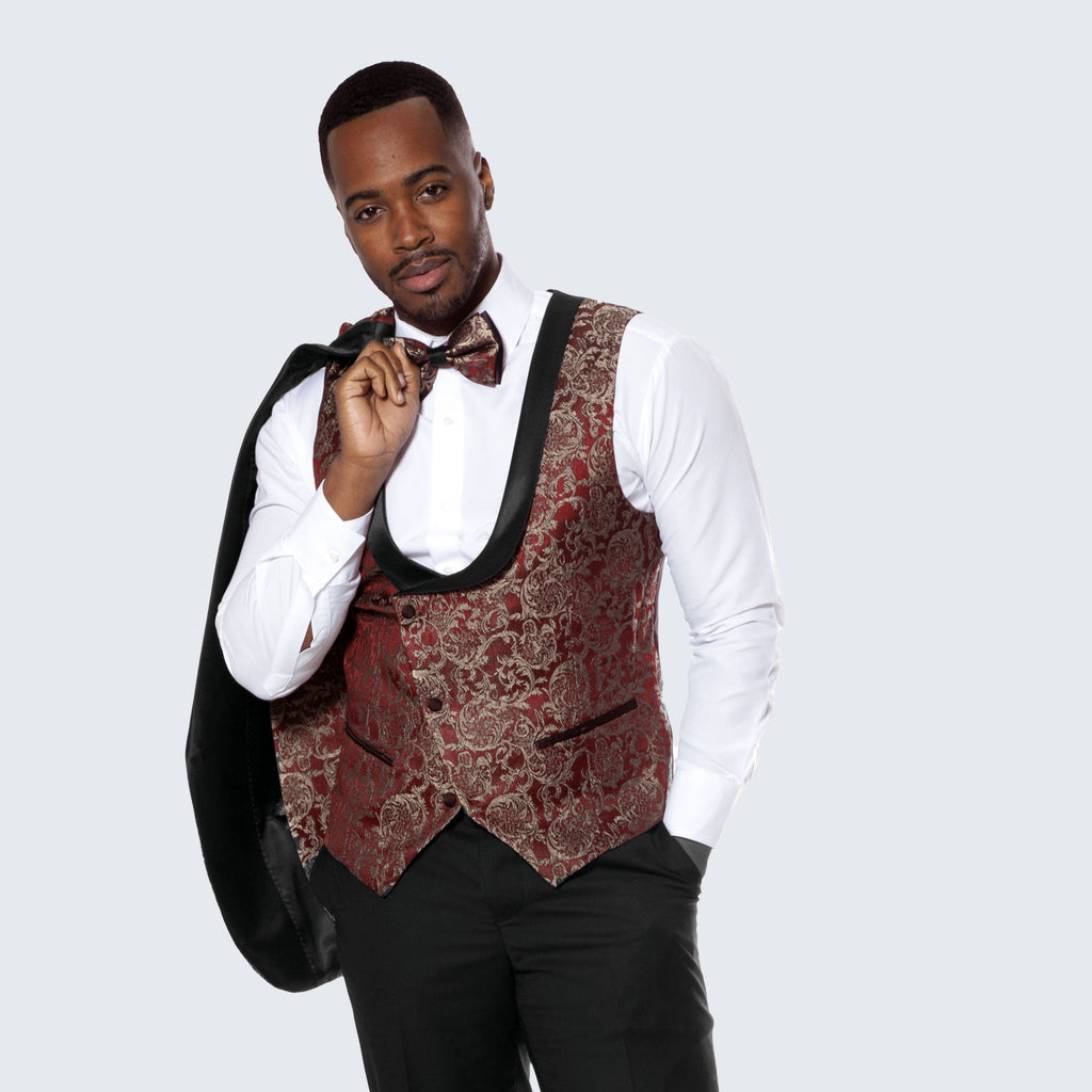 [DISCOUNTED] Rust Tuxedo with Gold Pattern Four Piece Set - Limited Sizes