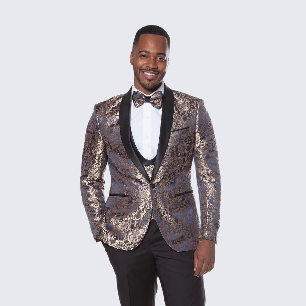 [DISCOUNTED] Blue Tuxedo with Gold Pattern Four Piece Set - Limited Sizes