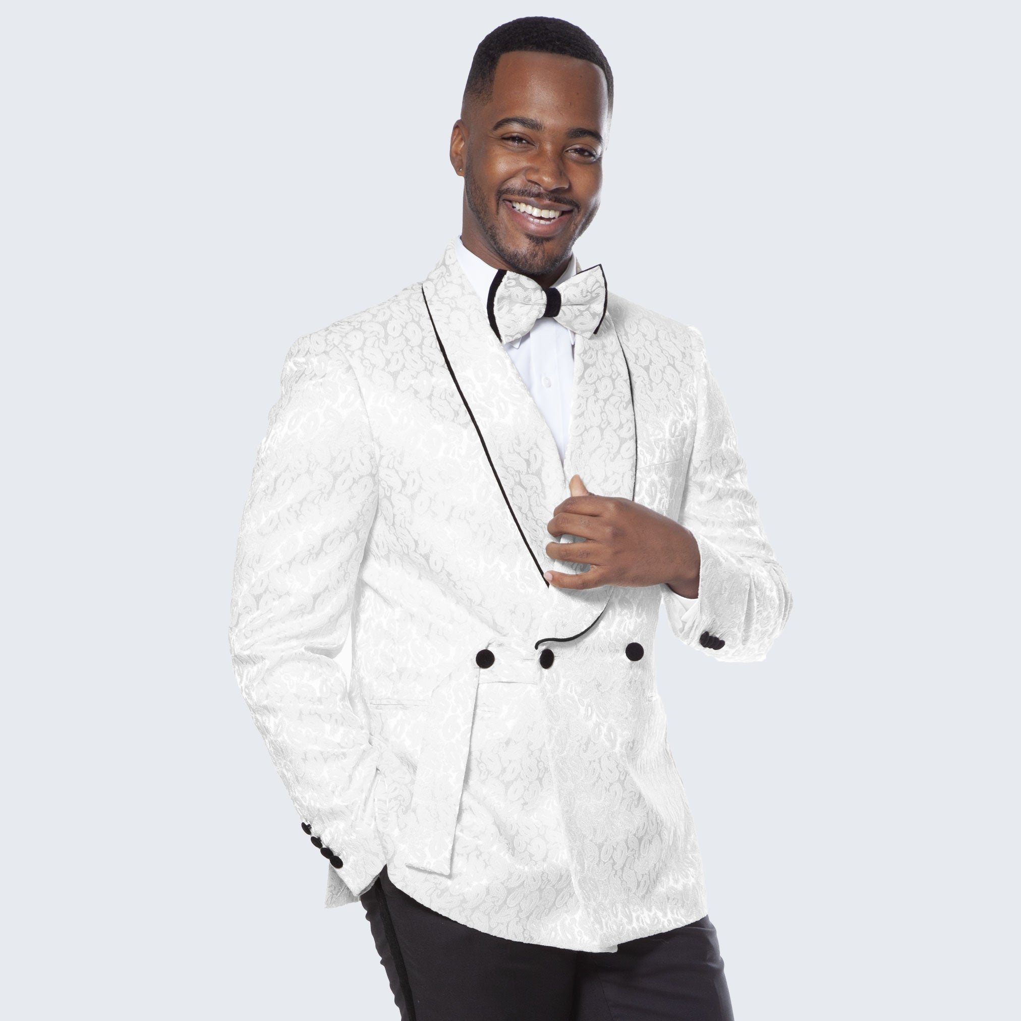 [DISCOUNTED] White Tuxedo with Textured Paisley Design Three Piece Set - Limited Sizes