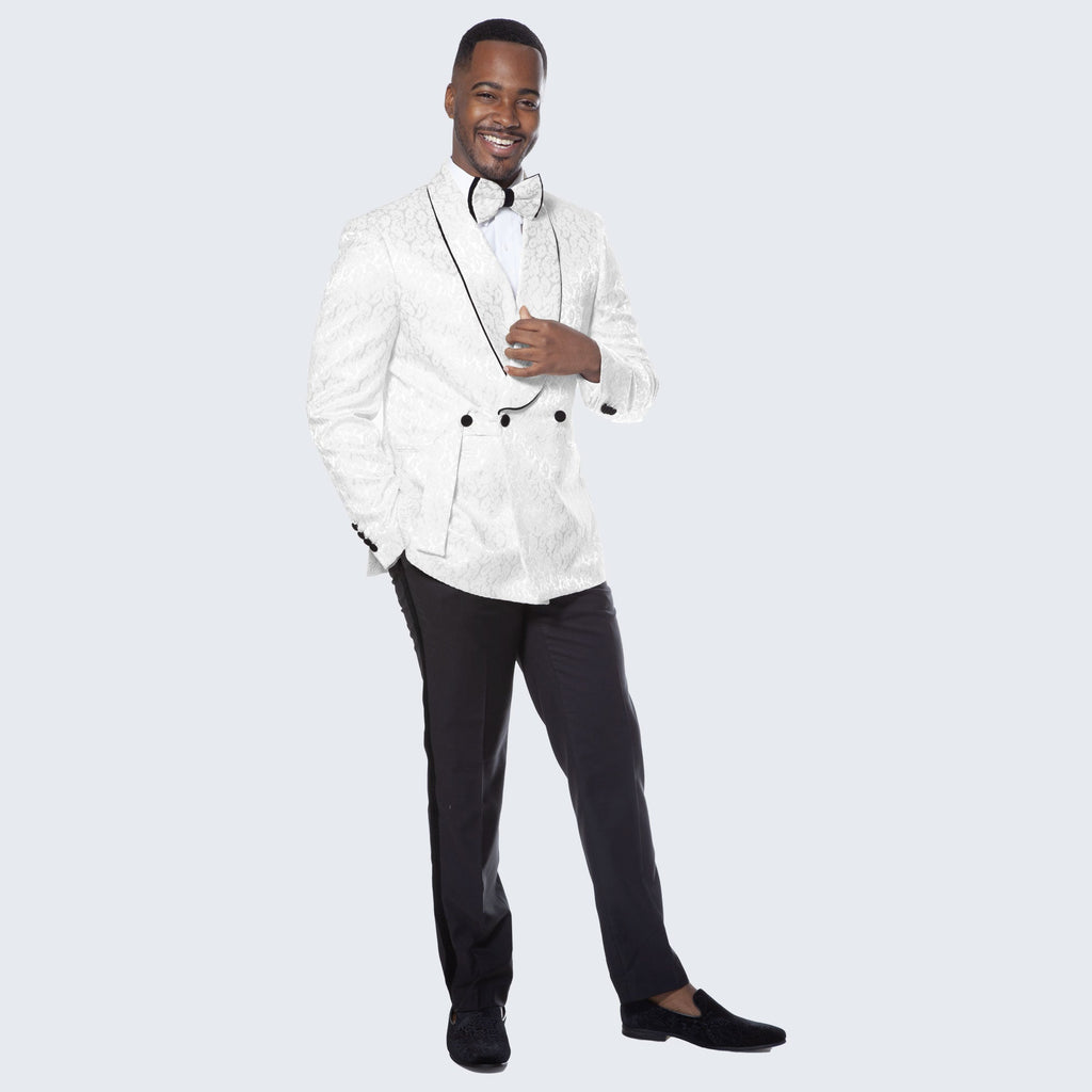 [DISCOUNTED] White Tuxedo with Textured Paisley Design Three Piece Set - Limited Sizes