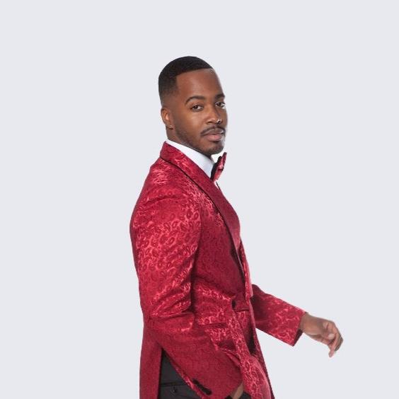 [DISCOUNTED] Burgundy Tuxedo with Textured Paisley Design Three Piece Set - Limited Sizes