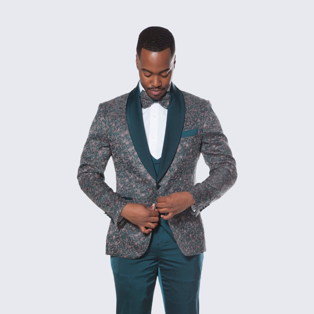 [DISCOUNTED] Green Tuxedo with Textured Design Four Piece Set - Limited Sizes