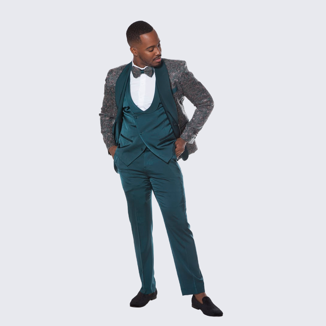 [DISCOUNTED] Green Tuxedo with Textured Design Four Piece Set - Limited Sizes