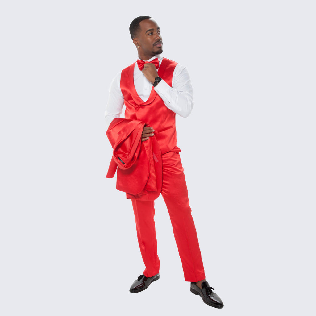[DISCOUNTED] Red Satin Tuxedo Four Piece Set - Limited Sizes