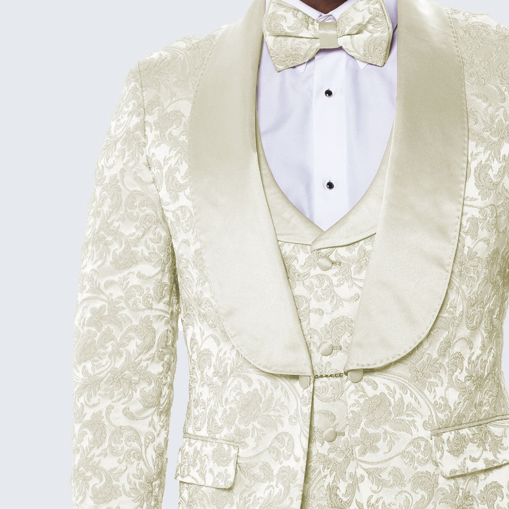 Men's Ivory Tuxedo with Floral Design Four Piece Set- Wedding - Prom