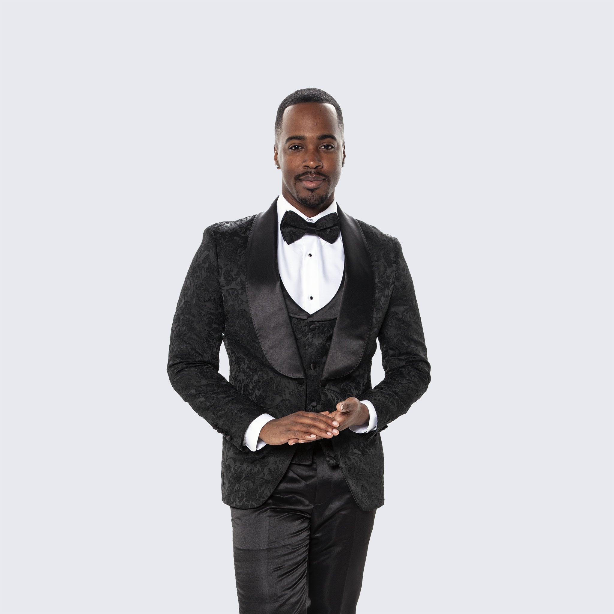 Men's Black Tuxedo with Floral Design Four Piece Set- Wedding - Prom