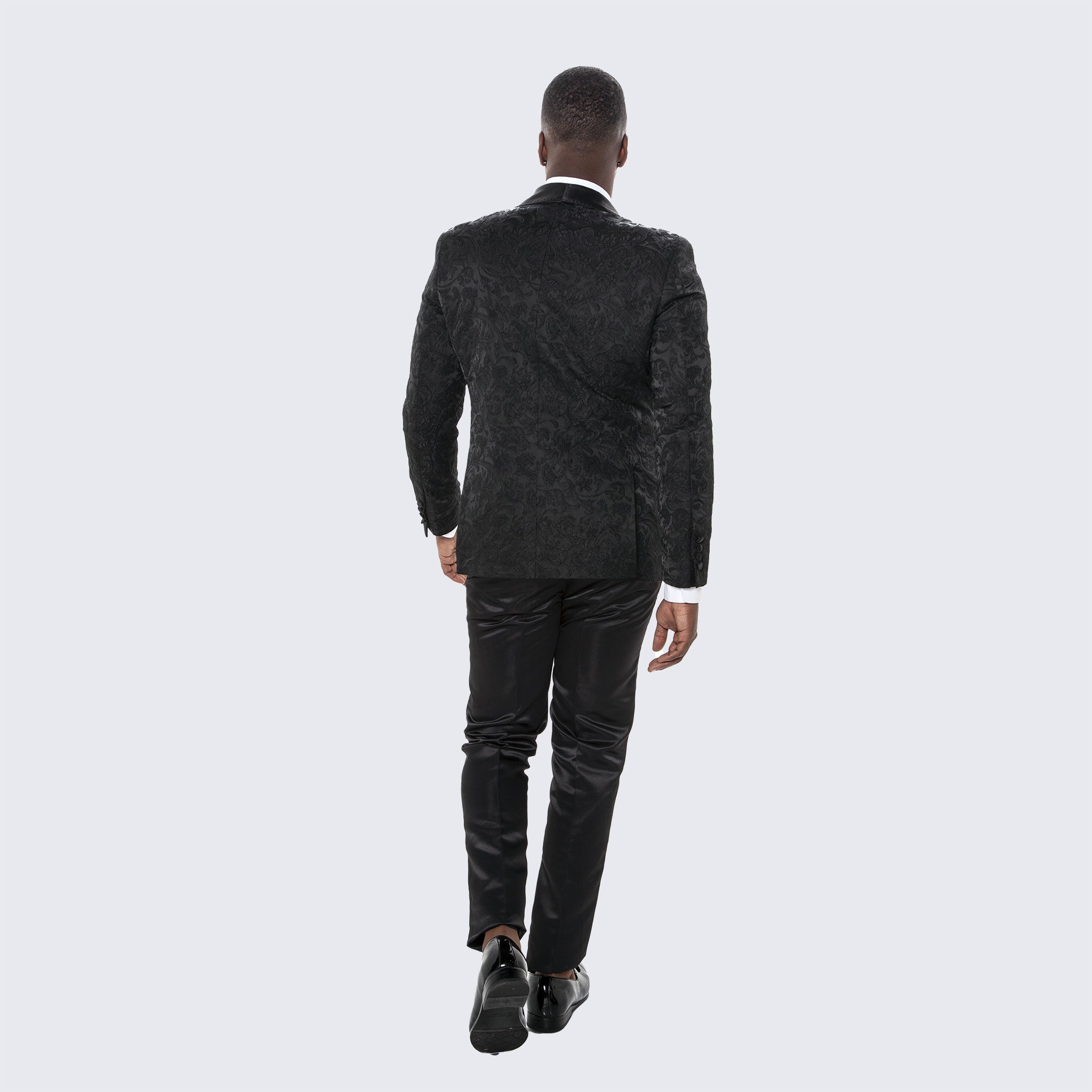 Men's Black Tuxedo with Floral Design Four Piece Set- Wedding - Prom