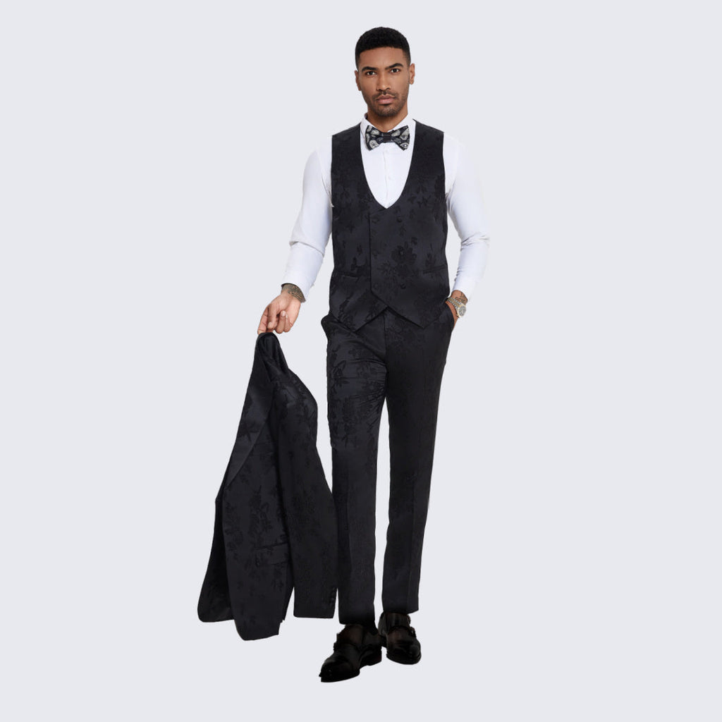 [DISCOUNTED] Men's Black Satin Tuxedo with Floral Design Four Piece Set - Limited Sizes