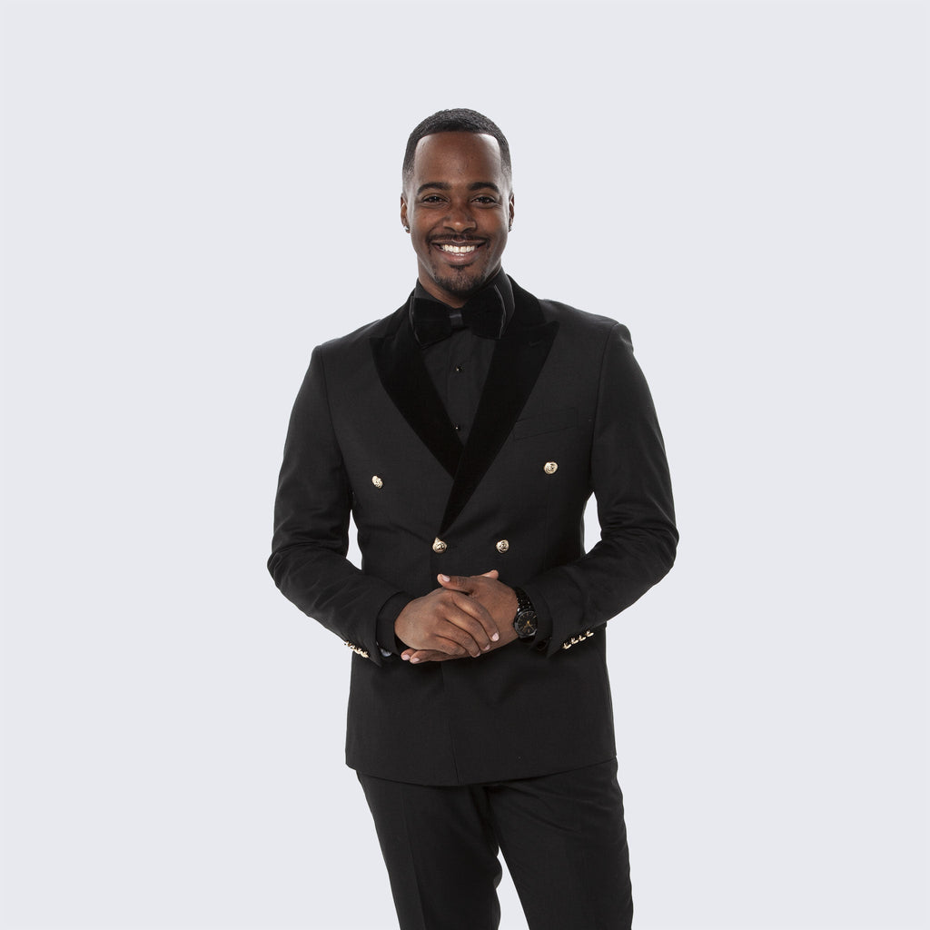 Black Double Breasted Tuxedo with Velvet Peak Lapel - Wedding - Prom