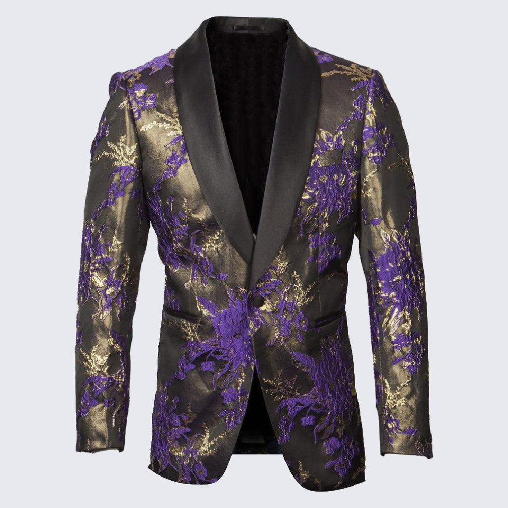 [DISCOUNTED] Purple and Gold Tuxedo Jacket with Fancy Pattern Shawl Lapel - Limited Sizes