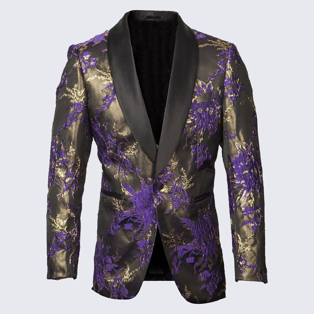 [DISCOUNTED] Purple and Gold Tuxedo Jacket with Fancy Pattern Shawl Lapel - Limited Sizes