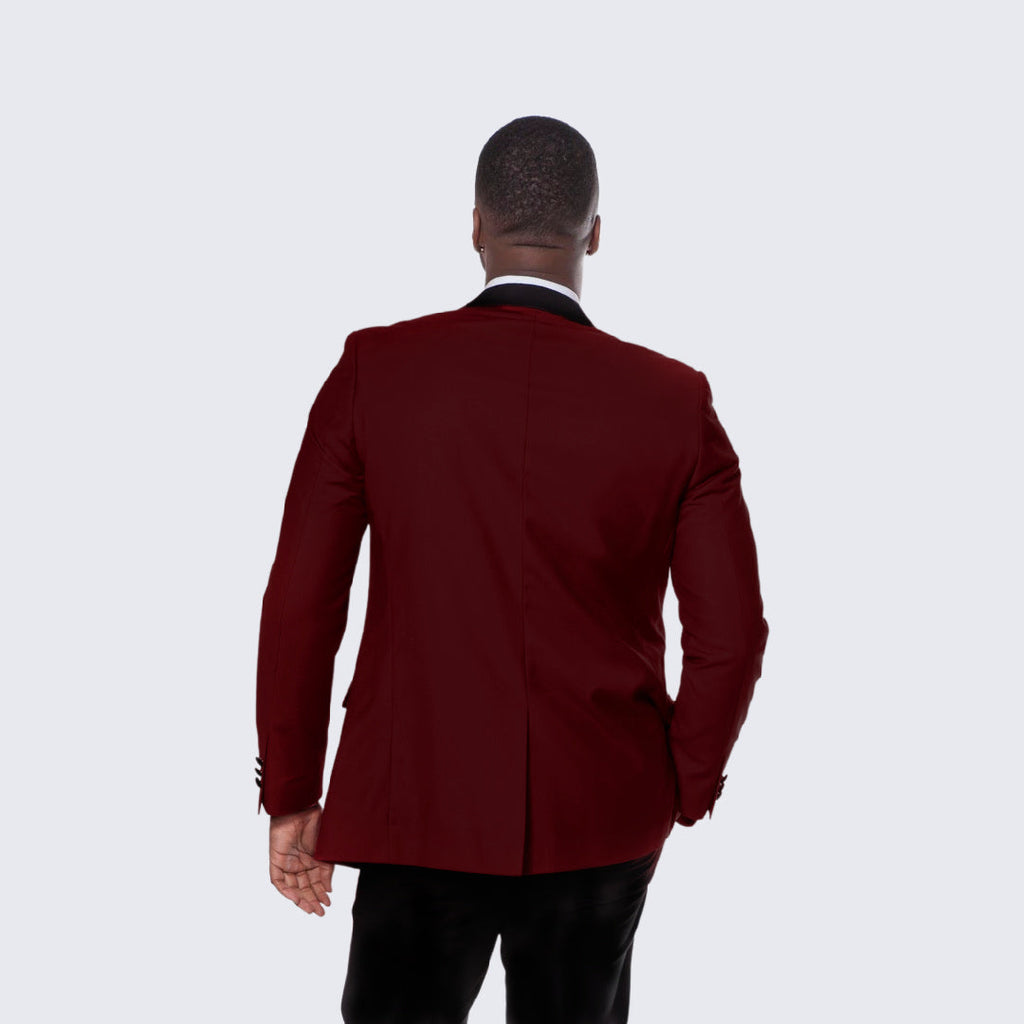 [DISCOUNTED] Burgundy Tuxedo Jacket with Black Satin Shawl Lapel Slim Fit - Limited Sizes