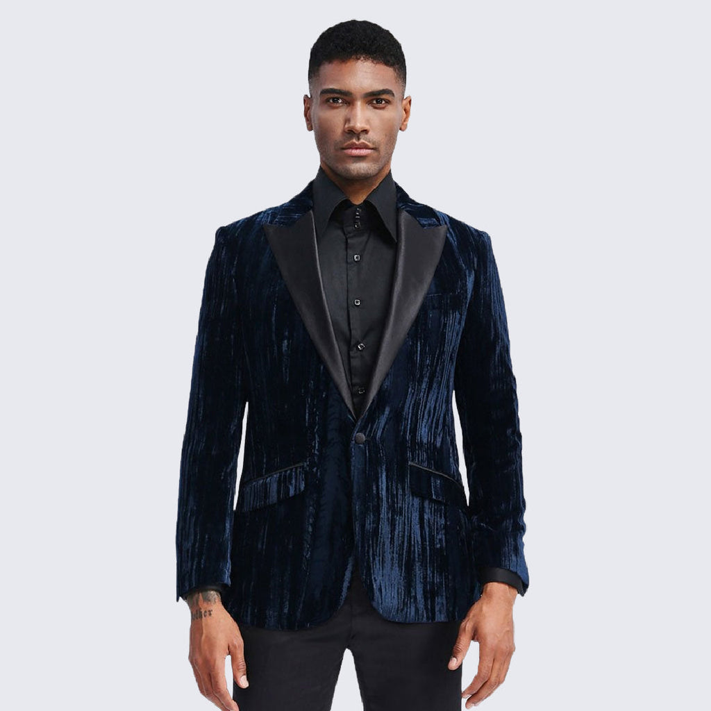[DISCOUNTED] Navy Tuxedo Jacket with Fancy Velvet Feel Pattern Slim Fit - Limited Sizes