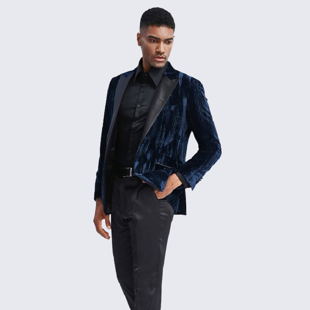 [DISCOUNTED] Navy Tuxedo Jacket with Fancy Velvet Feel Pattern Slim Fit - Limited Sizes