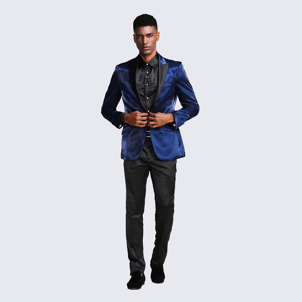 [DISCOUNTED] Navy Blue Tuxedo Jacket Shiny Slim Fit with Peak Lapel - Limited Sizes