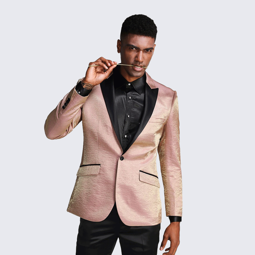 [DISCOUNTED] Rose Gold Tuxedo Jacket Shiny Slim Fit with Peak Lapel - Limited Sizes