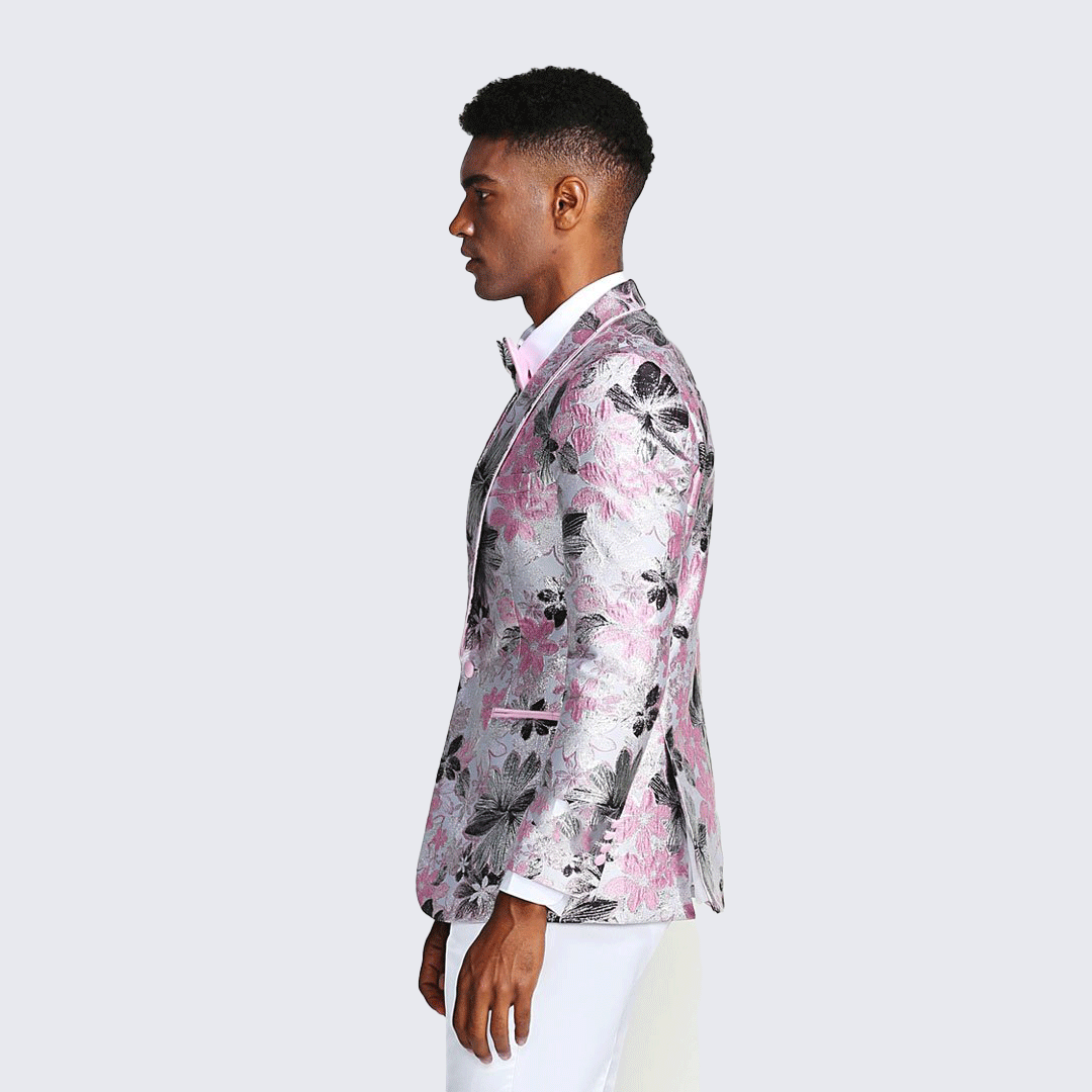 [DISCOUNTED] Pink Black and Silver Floral Tuxedo Jacket Slim Fit - Limited Sizes