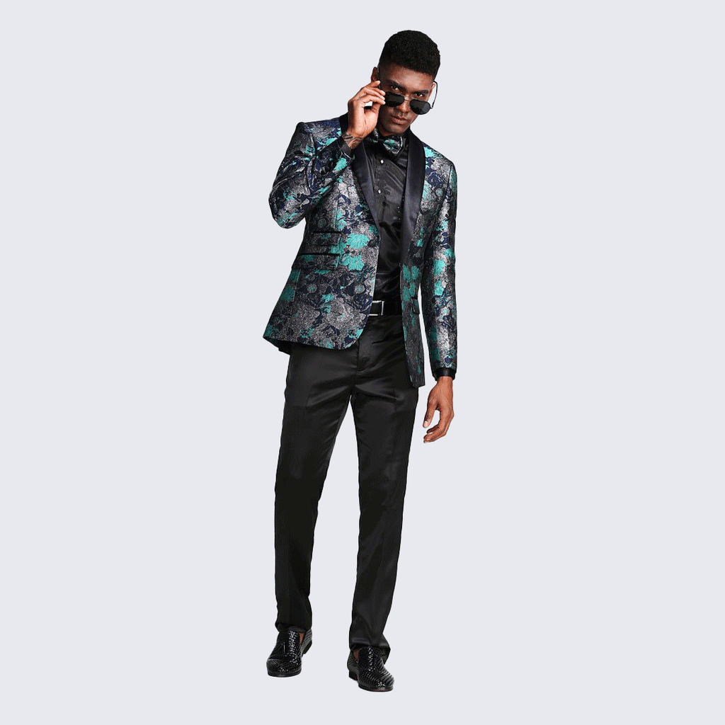 [DISCOUNTED] Turquoise Tuxedo Jacket Floral Pattern Slim Fit - Limited Sizes