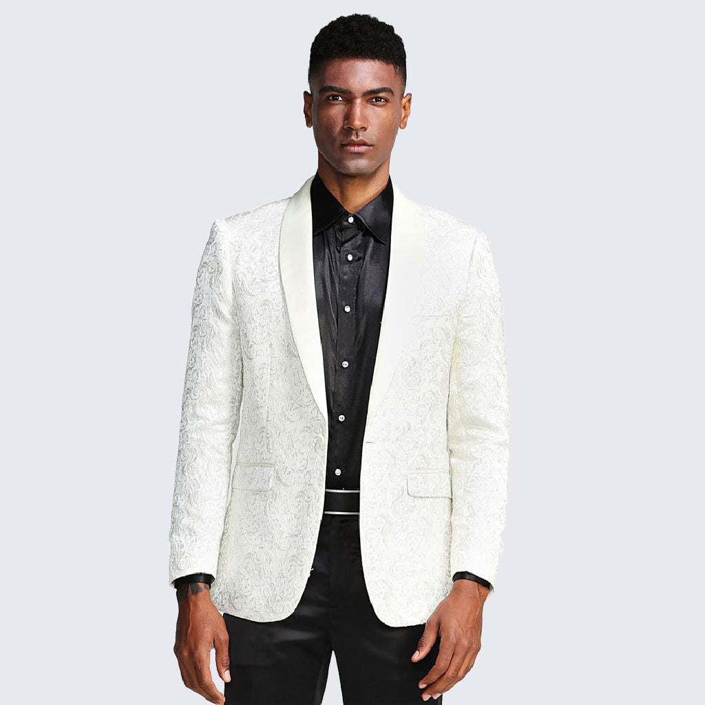 [DISCOUNTED] Ivory Tuxedo Jacket Paisley Pattern Slim Fit - Limited Sizes