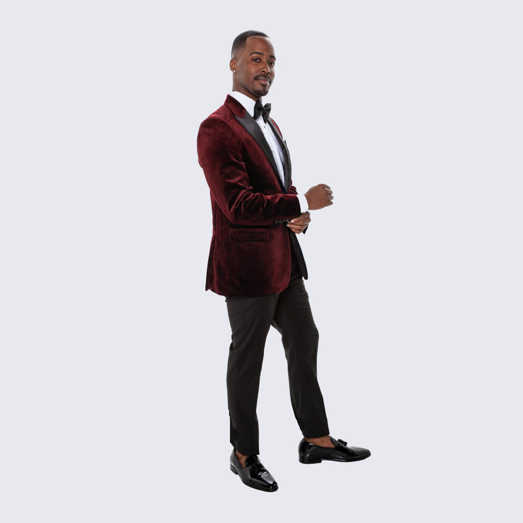 [DISCOUNTED] Burgundy Velvet Tuxedo Jacket with Large Peak Lapel - Limited Sizes