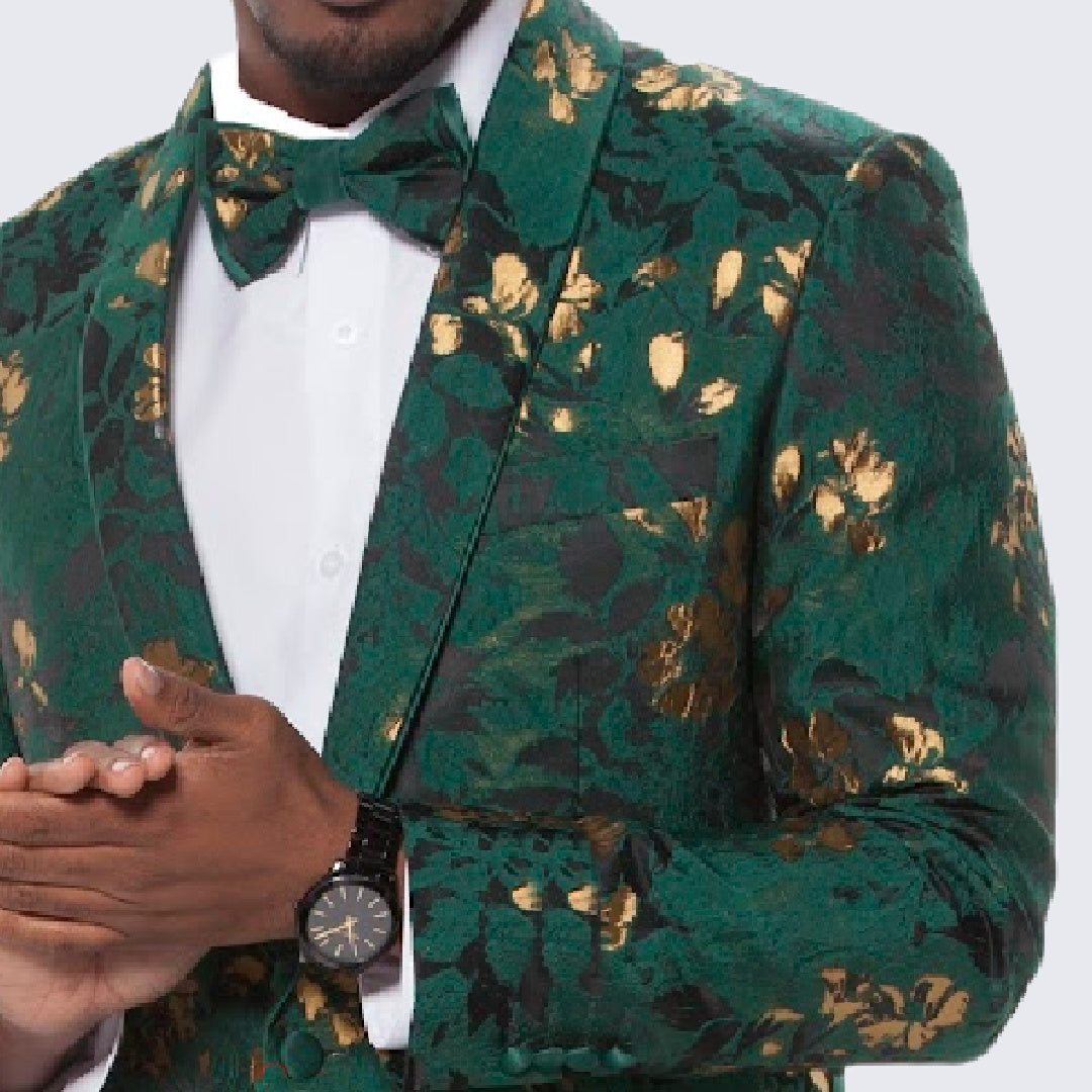 [DISCOUNTED] Green and Gold Floral Design Tuxedo Jacket Slim Fit - Limited Sizes