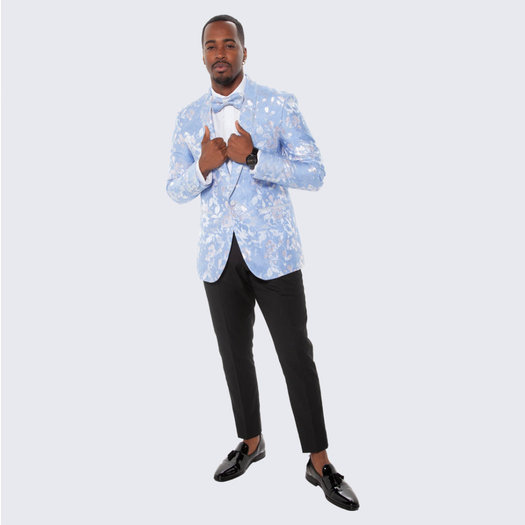 [DISCOUNTED] Sky Blue and Silver Floral Design Tuxedo Jacket Slim Fit - Limited Sizes