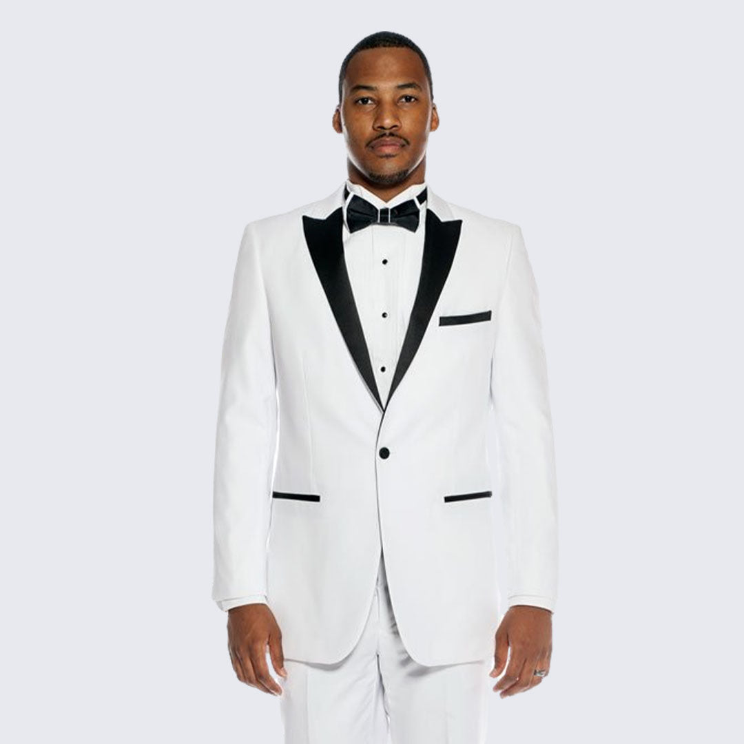[DISCOUNTED] White Tuxedo with Black Peak Lapel Slim Fit - Limited Sizes