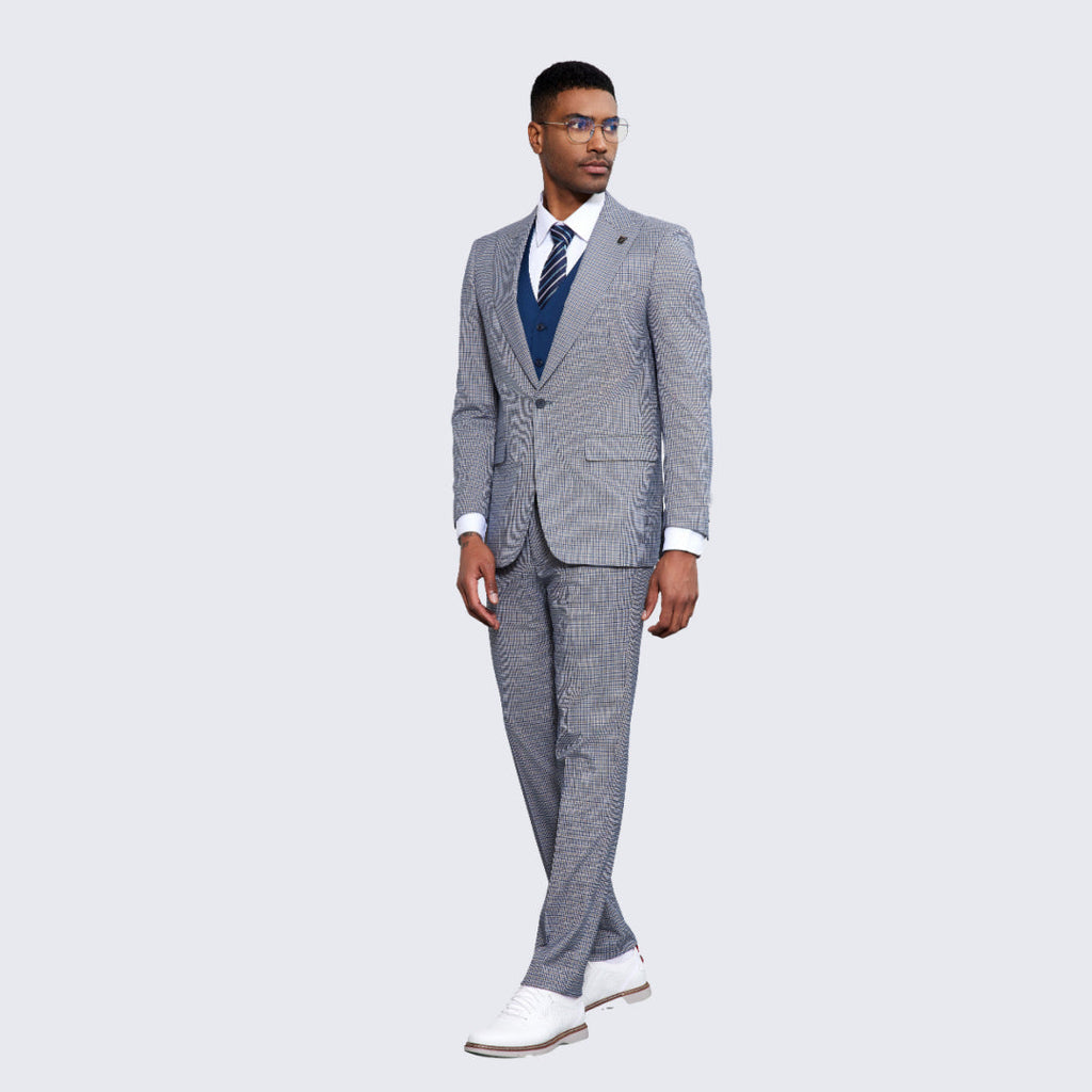 [DISCOUNTED]  Men's Blue and Grey Glen Plaid Suit Three Piece Set - Limited Sizes