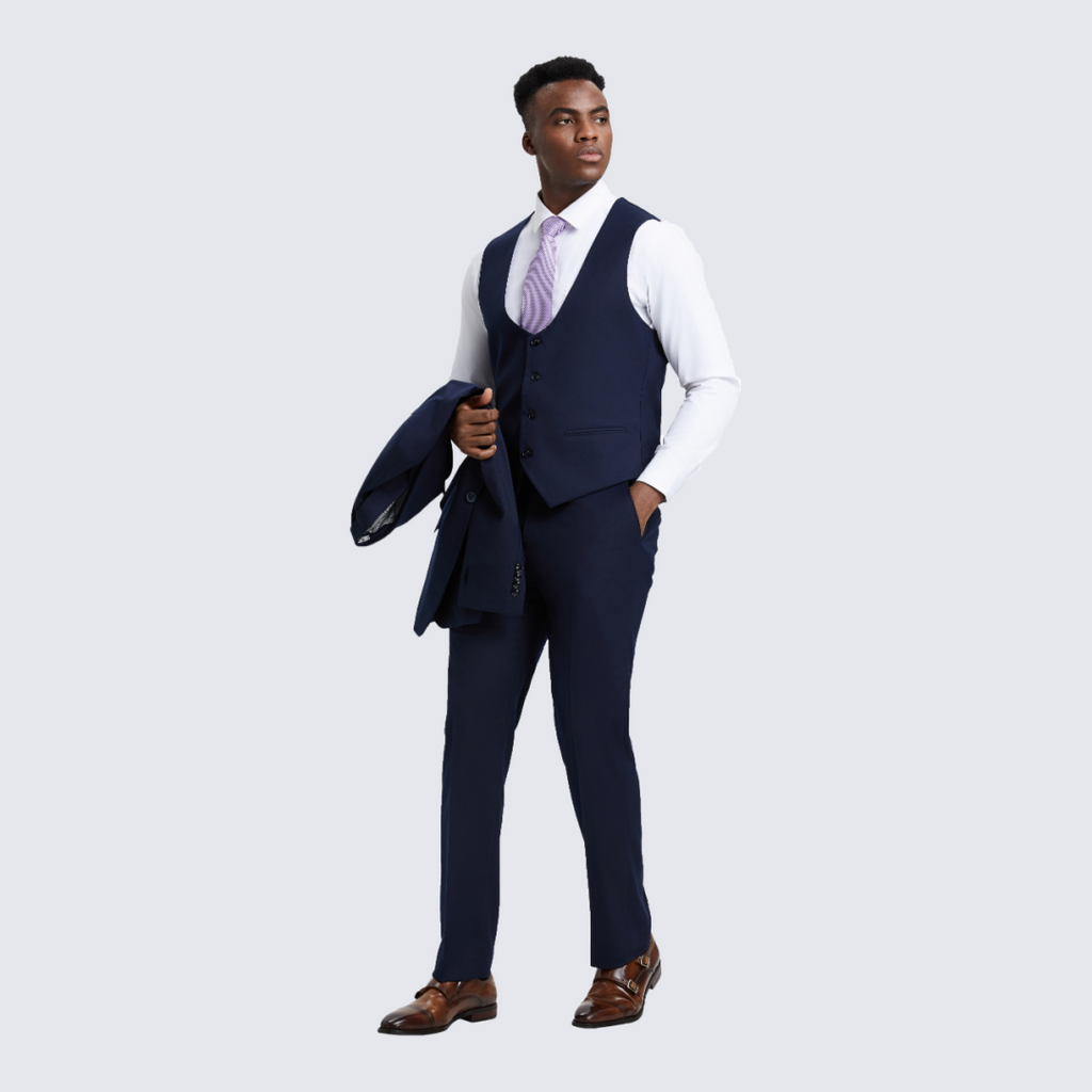 [DISCOUNTED] Navy Blue Slim Fit Three Piece Suit with Large Peak Lapel by Stacy Adams - Limited Sizes