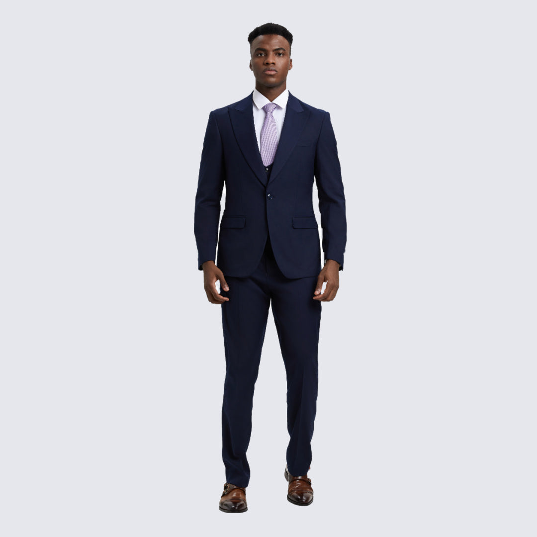 [DISCOUNTED] Navy Blue Slim Fit Three Piece Suit with Large Peak Lapel by Stacy Adams - Limited Sizes