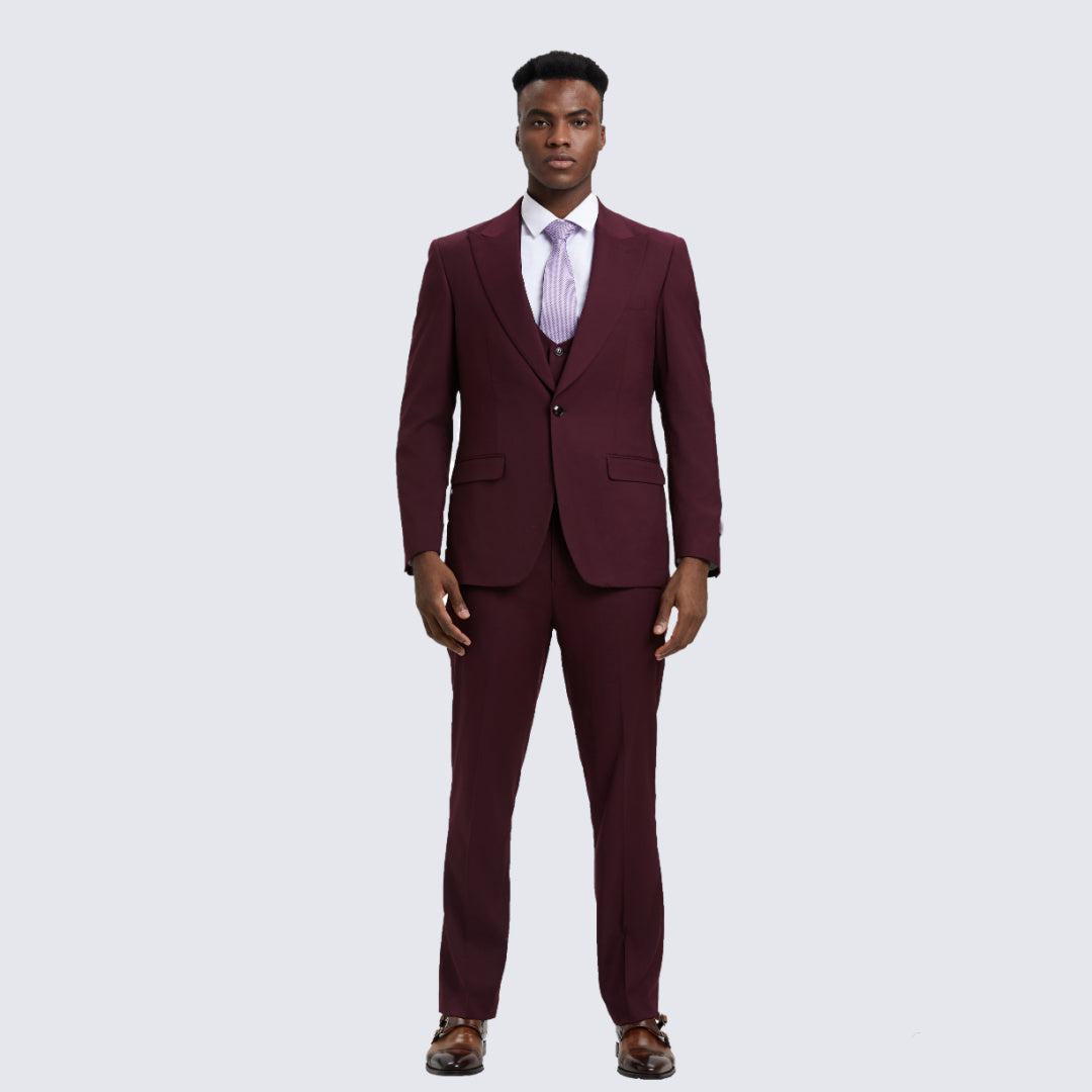 [DISCOUNTED] Burgundy Slim Fit Three Piece Suit with Large Peak Lapel by Stacy Adams - Limited Sizes