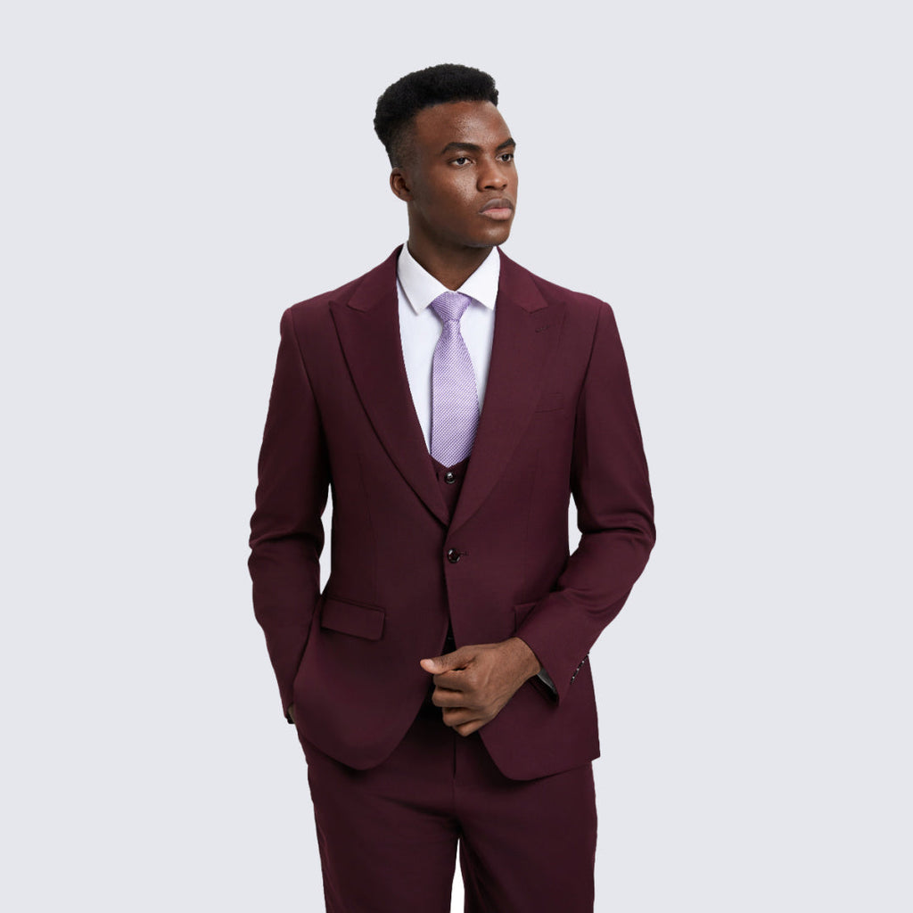 [DISCOUNTED] Burgundy Slim Fit Three Piece Suit with Large Peak Lapel by Stacy Adams - Limited Sizes