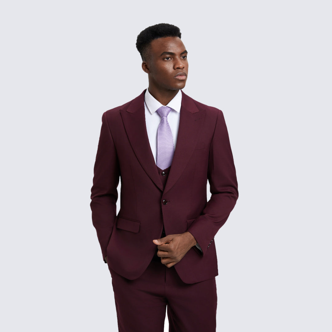 [DISCOUNTED] Burgundy Slim Fit Three Piece Suit with Large Peak Lapel by Stacy Adams - Limited Sizes