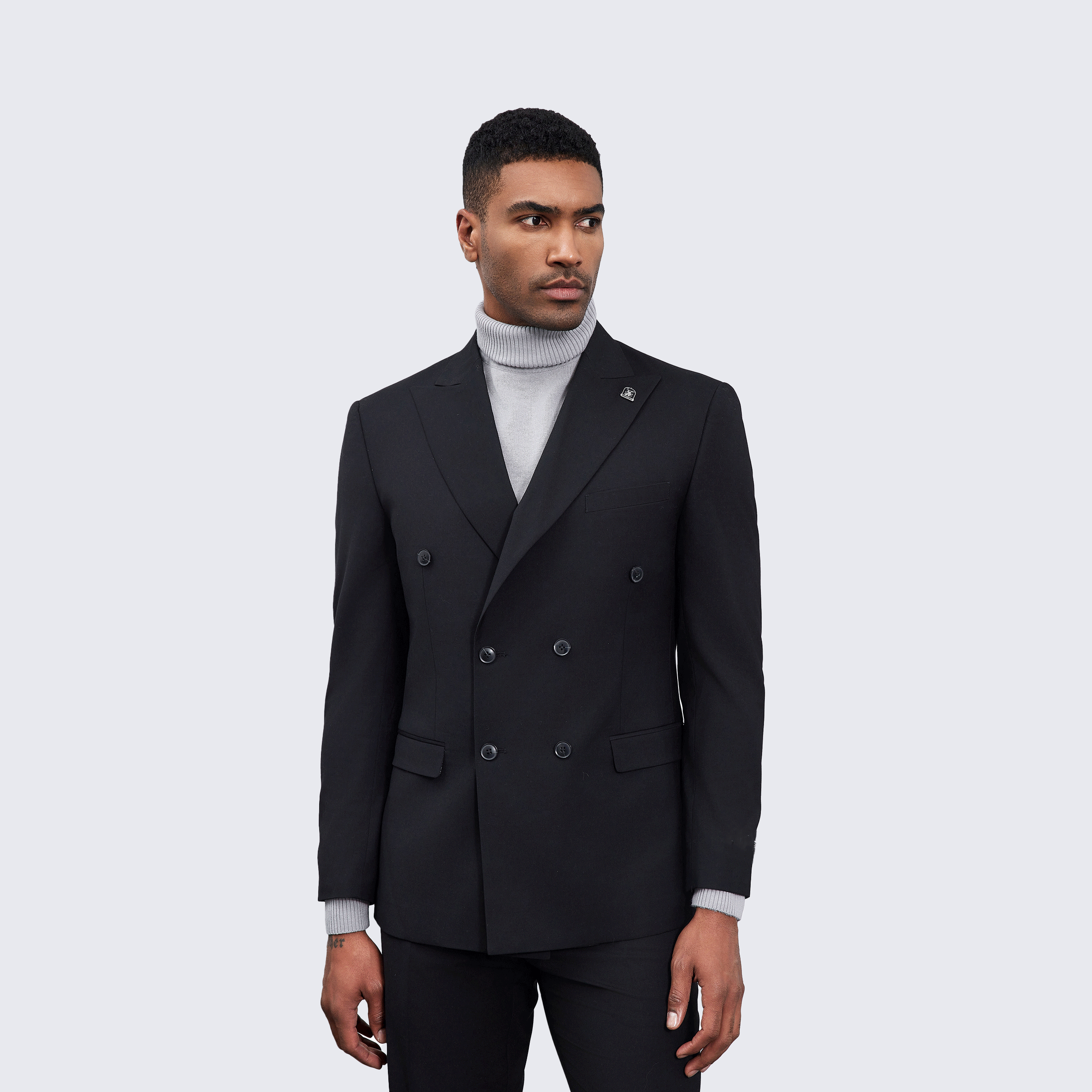 Men’s Double-Breasted Black Suit with Peak Lapel – Wedding & Prom