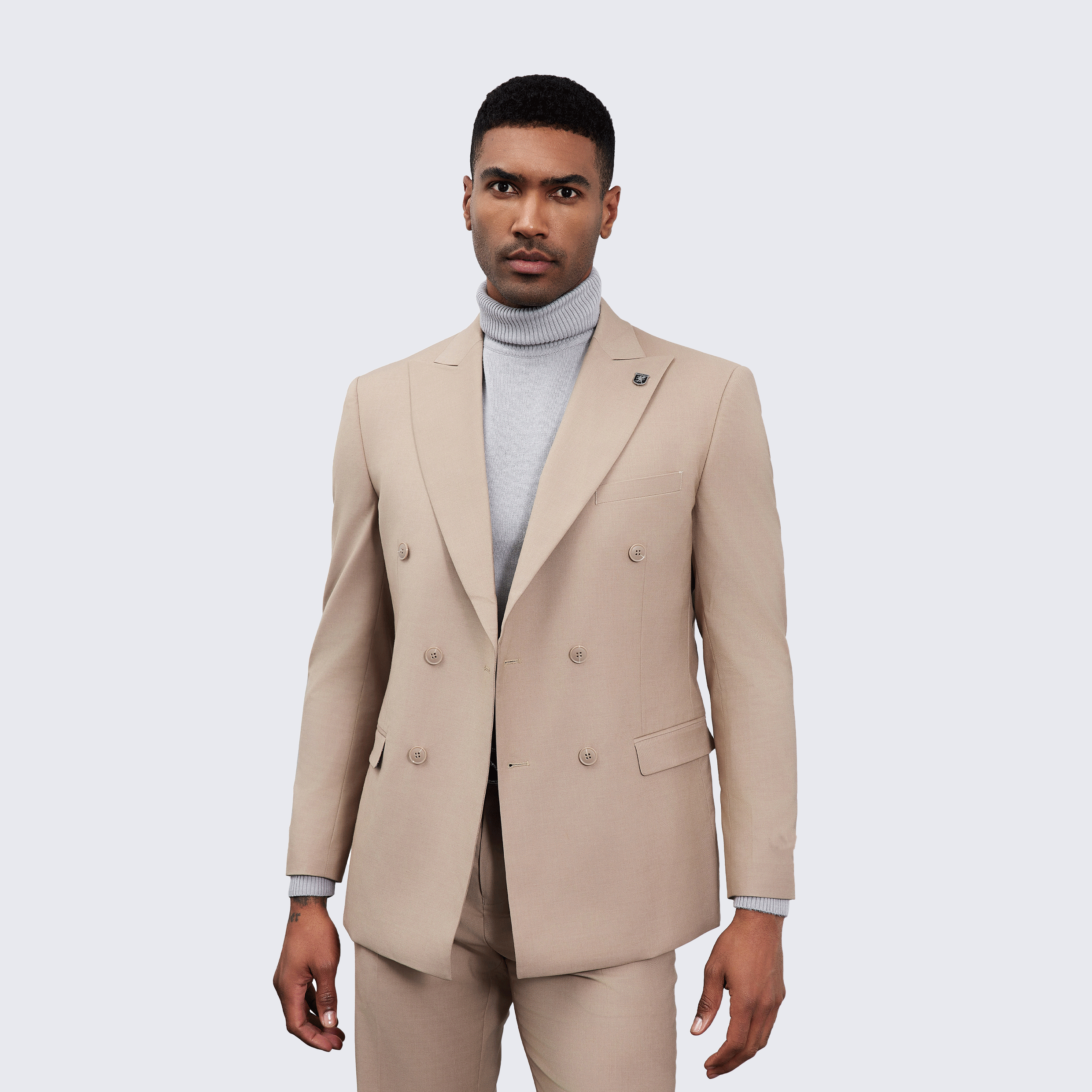 Men’s Double Breasted Tan Suit with Peak Lapel – Wedding & Prom
