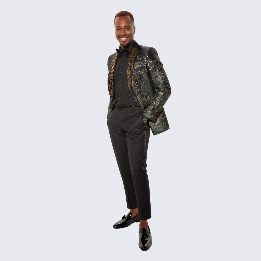 Dark Green & Gold Floral Tuxedo Jacket with Shawl Lapel – Wedding & Prom