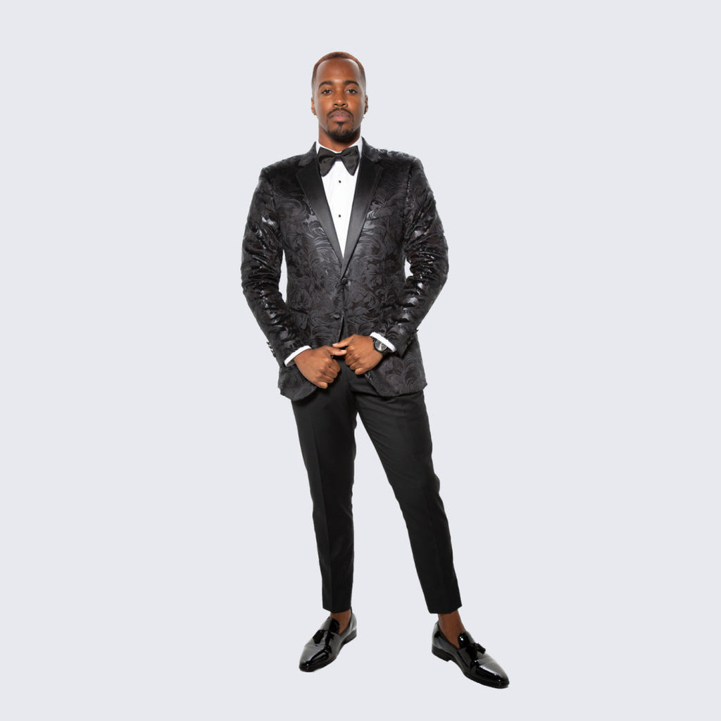 Black Paisley Tuxedo Jacket with Satin Notch Lapel – Hybrid Fit, Wedding & Prom