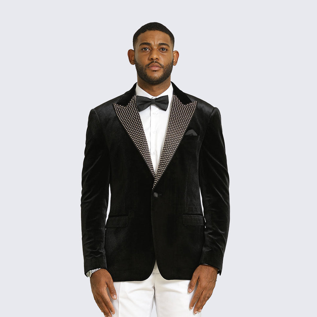 [DISCOUNTED] Black Velvet Blazer with Rhinestone Lapel By Stacy Adams -  Limited Sizes