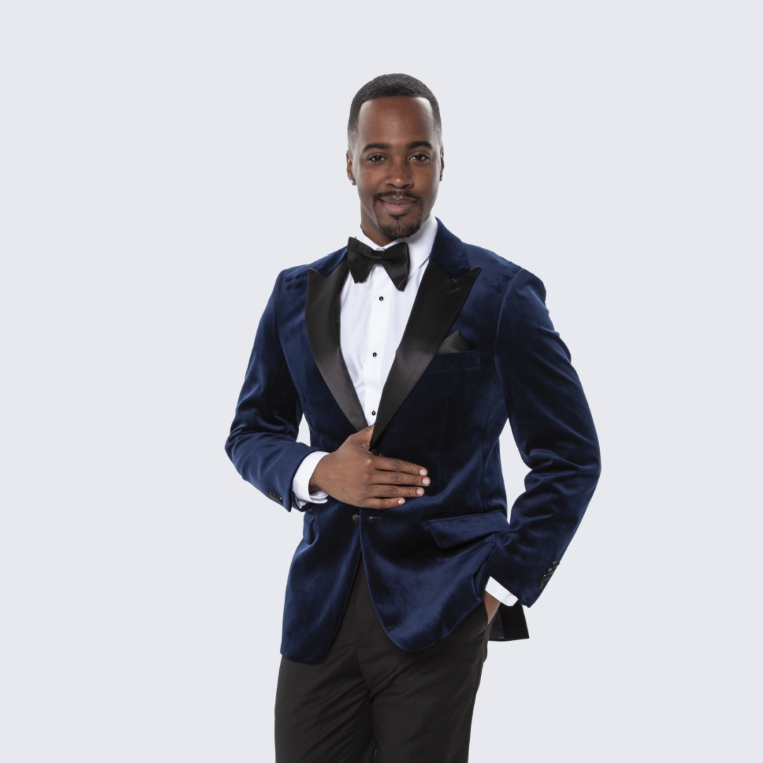 [DISCOUNTED] Navy Velvet Tuxedo Jacket with Large Peak Lapel - Limited Sizes
