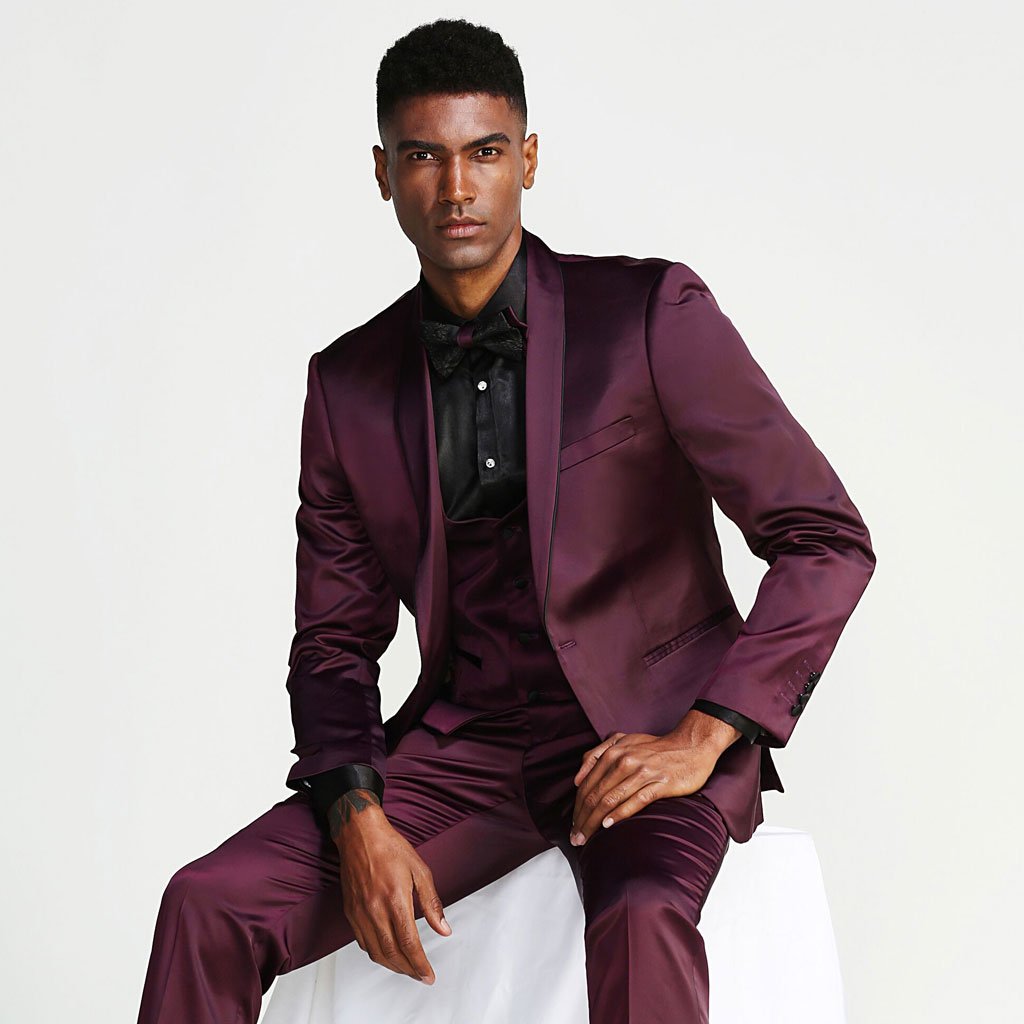 [DISCOUNTED] Burgundy Slim Fit Tuxedo Fully Satin Four Piece Set - Limited Sizes