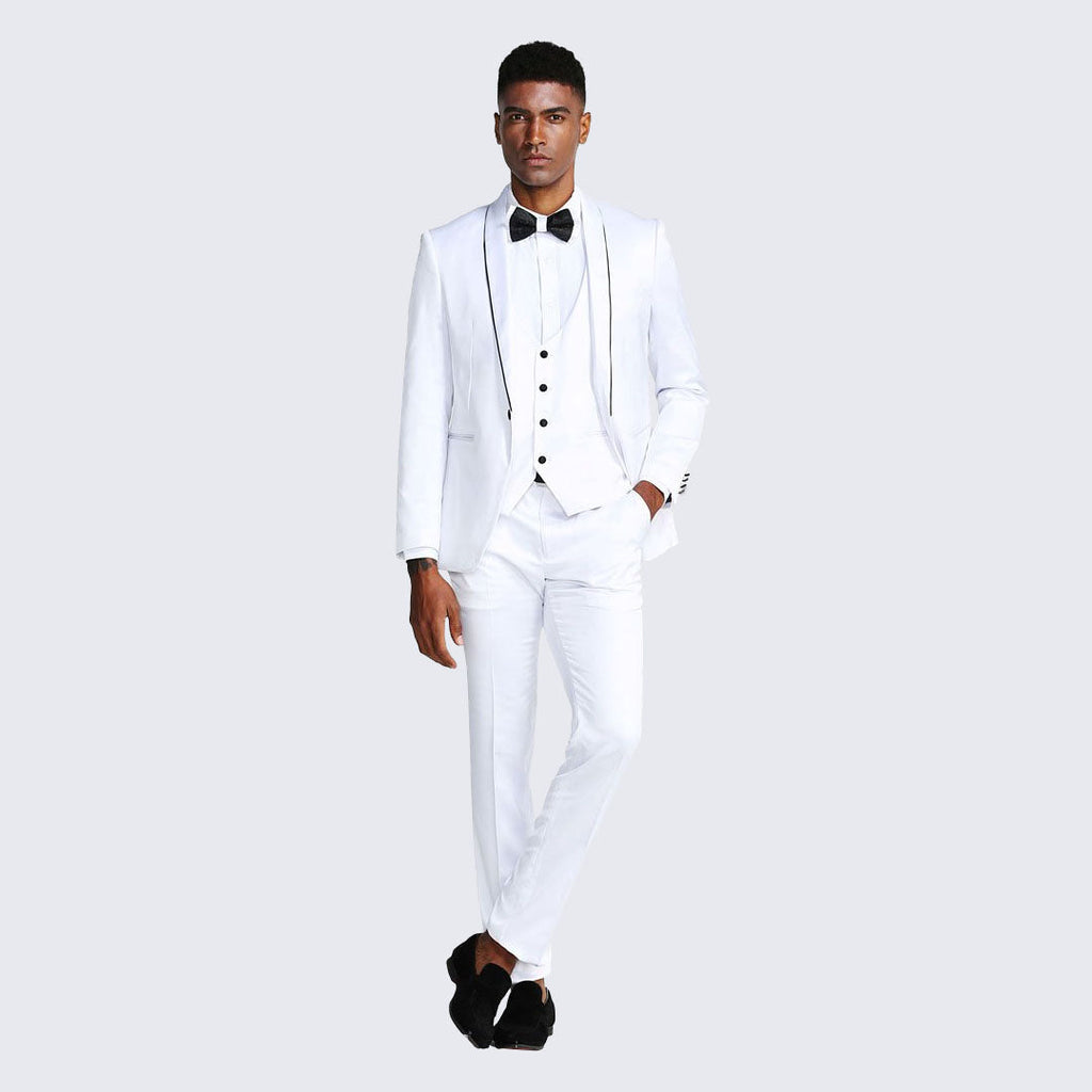 [DISCOUNTED] White Slim Fit Tuxedo Fully Satin Four Piece Set - Limited Sizes