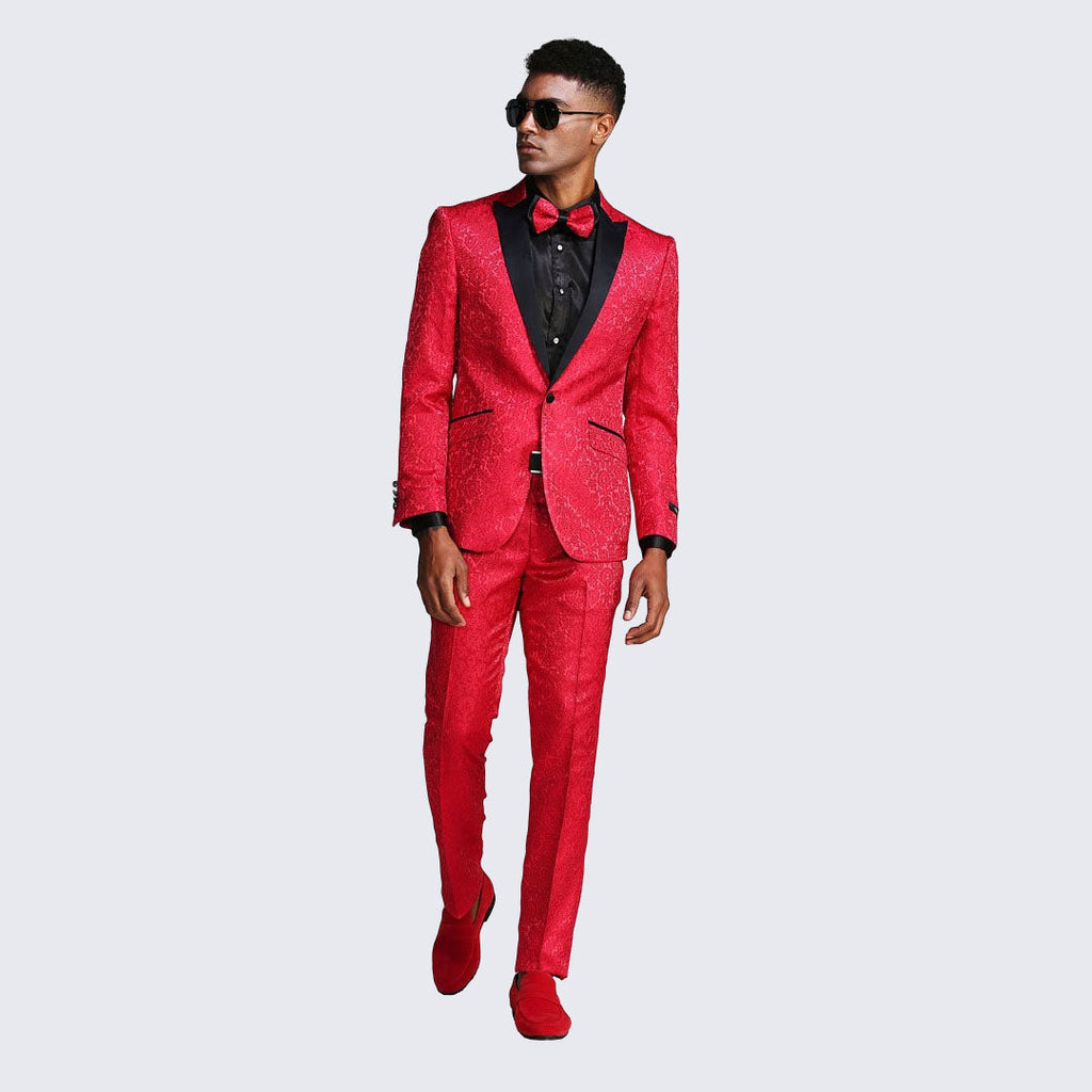 [DISCOUNTED] Red Paisley Slim Fit Tuxedo Three Piece Set - Limited Sizes