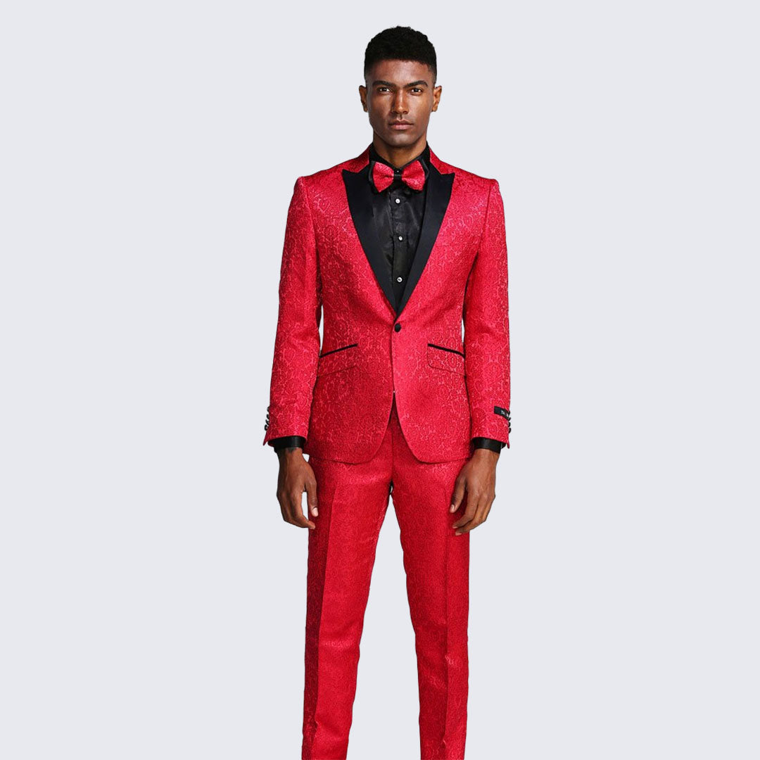 [DISCOUNTED] Red Paisley Slim Fit Tuxedo Three Piece Set - Limited Sizes